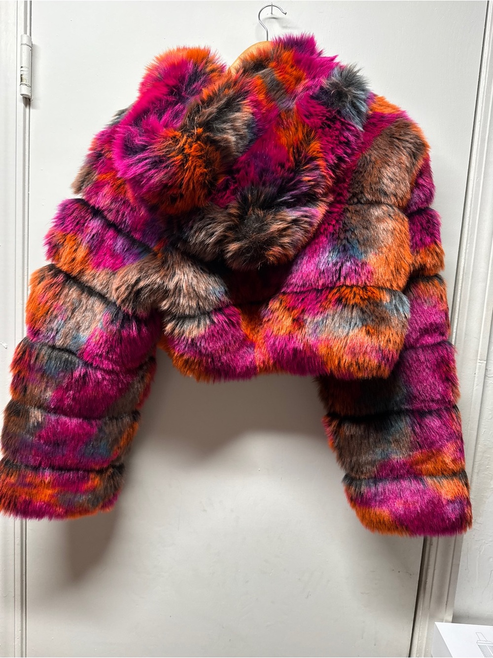 AKIRA Multicolor Faux Fur Hooded Crop Jacket in Red and Purple Tones - Picture 7 of 10